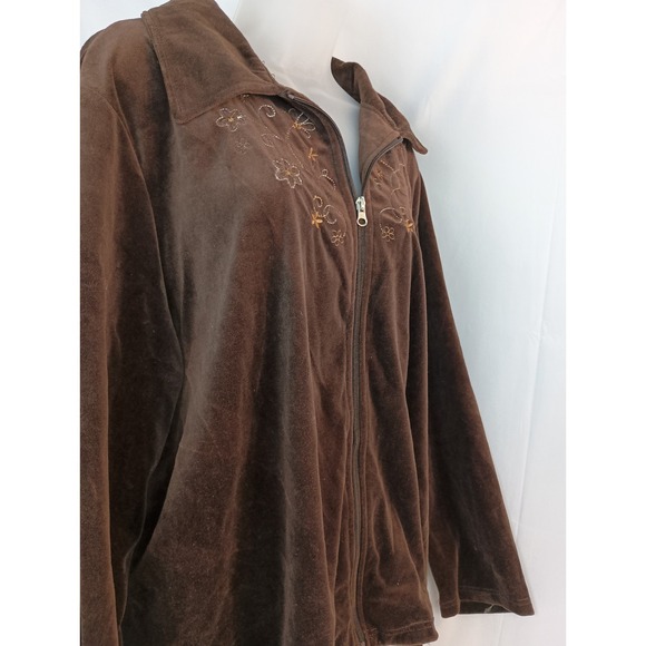 brown fall velvet gold embroidered floral zipup jacket plus size2X - Picture 6 of 7